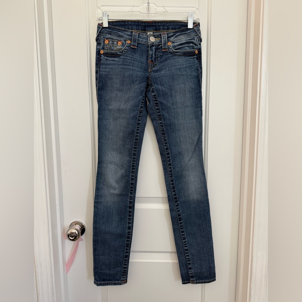 TRUE RELIGION low-rise skinny jeans, Size 24, Blue with contrast stitching